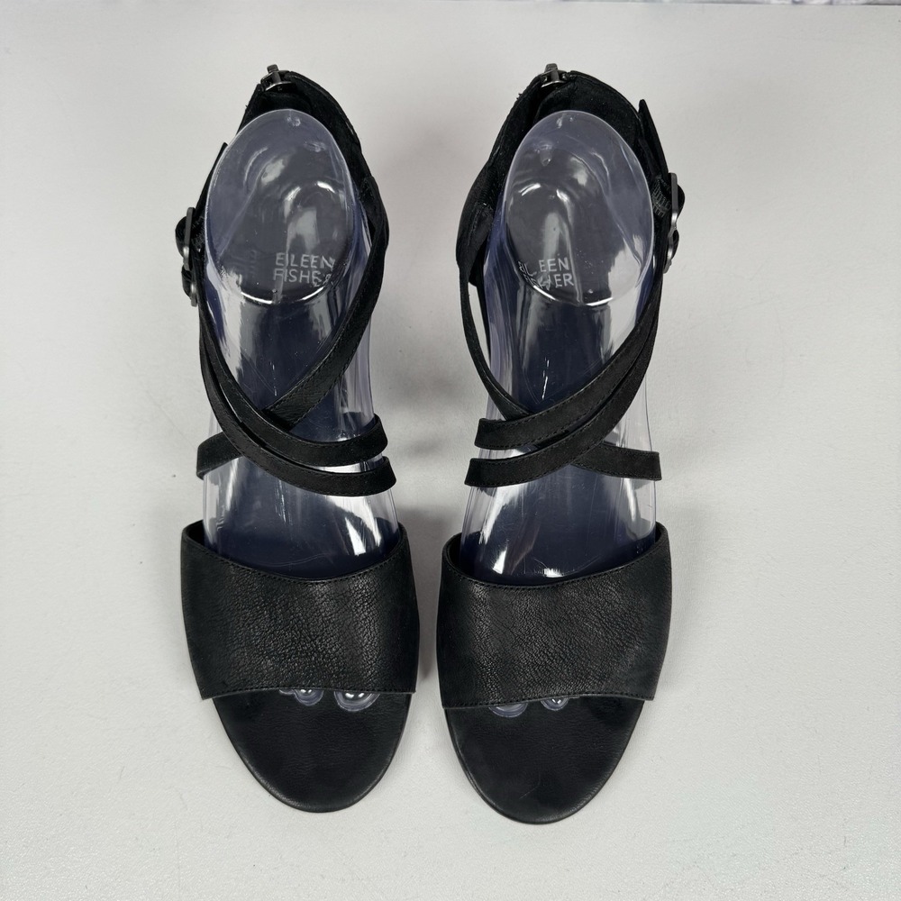 Eileen Fisher Womens Black Kyra Nubuck Block Heel Strappy Sandals Size 9 - Picture 4 of 11